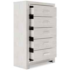 34-Inch Pearl-White Five-Drawer Chest with Chrome-Tone Accents, drawers open - 3