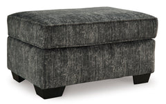 35-Inch Gunmetal Upholstered Ottoman with Faux Wood-Finish Feet, angle view - 1