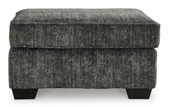 35-Inch Gunmetal Upholstered Ottoman with Faux Wood-Finish Feet, front view - 2