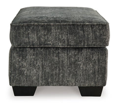 35-Inch Gunmetal Upholstered Ottoman with Faux Wood-Finish Feet, side view - 3