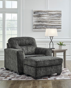35-Inch Gunmetal Upholstered Ottoman with Faux Wood-Finish Feet, ottoman beside matching chair; chair and accessories not included - 5