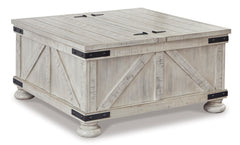 36-Inch Whitewash Storage Coffee Table with Dual Hinged Lids, closed angle view; accessories excluded - 1