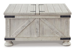 36-Inch Whitewash Storage Coffee Table with Dual Hinged Lids, closed front view; accessories excluded - 4