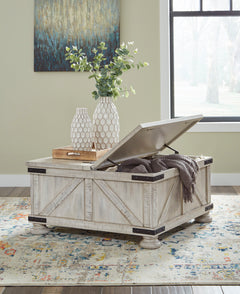 36-Inch Whitewash Storage Coffee Table with Dual Hinged Lids, open room setting; accessories excluded - 5