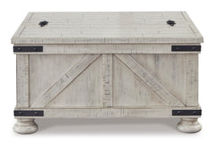 36-Inch Whitewash Storage Coffee Table with Dual Hinged Lids, closed side view; accessories excluded - 6
