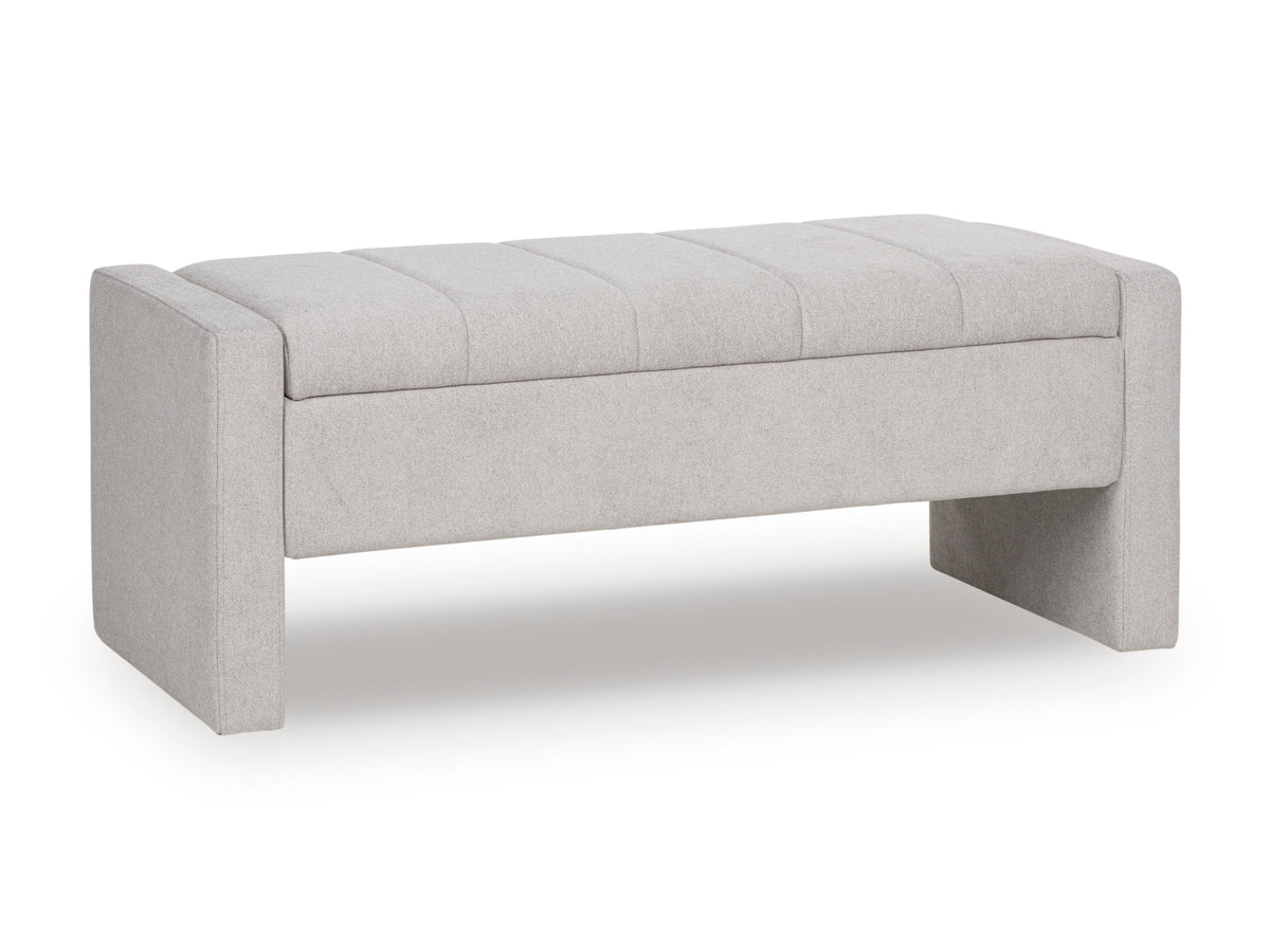 49.5-Inch Gray Channel-Tufted Upholstered Storage Bench, angled view with seat closed
