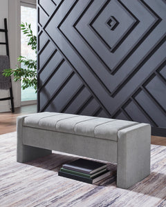 49.5-Inch Gray Channel-Tufted Upholstered Storage Bench, styled room with seat closed - 6