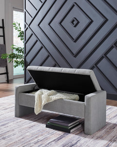 49.5-Inch Gray Channel-Tufted Upholstered Storage Bench, styled room with storage open - 7