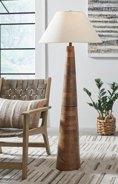 58-Inch Honey Brown Wood Floor Lamp with Empire Shade, styled setting; other items not included - 2