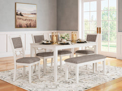 Antique White / 6-Piece Dining Set: Table + 4 Chairs + Bench, product view 6; includes 1 table, 4 chairs, 1 bench; decorative accessories and other furniture excluded - 11
