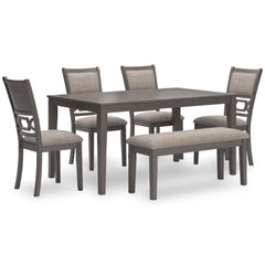 Gray / 6-Piece Dining Set: Table + 4 Chairs + Bench, product view 1; includes 1 table, 4 chairs, 1 bench; decorative accessories and other furniture excluded - 12