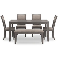 Gray / 6-Piece Dining Set: Table + 4 Chairs + Bench, product view 3; includes 1 table, 4 chairs, 1 bench; decorative accessories and other furniture excluded - 14
