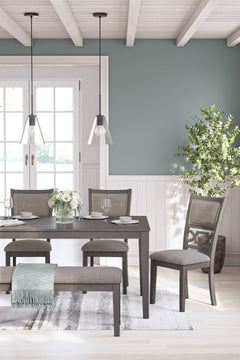 Gray / 6-Piece Dining Set: Table + 4 Chairs + Bench, product view 4; includes 1 table, 4 chairs, 1 bench; decorative accessories and other furniture excluded - 15