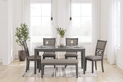Gray / 6-Piece Dining Set: Table + 4 Chairs + Bench, product view 5; includes 1 table, 4 chairs, 1 bench; decorative accessories and other furniture excluded - 16