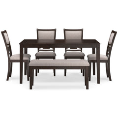 Brown / 6-Piece Dining Set: Table + 4 Chairs + Bench, product view 3; includes 1 table, 4 chairs, 1 bench; decorative accessories and other furniture excluded - 3