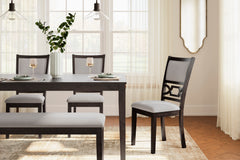 Brown / 6-Piece Dining Set: Table + 4 Chairs + Bench, product view 4; includes 1 table, 4 chairs, 1 bench; decorative accessories and other furniture excluded - 4