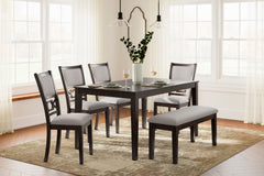 Brown / 6-Piece Dining Set: Table + 4 Chairs + Bench, product view 5; includes 1 table, 4 chairs, 1 bench; decorative accessories and other furniture excluded - 5