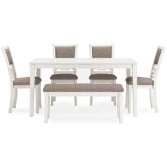 Antique White / 6-Piece Dining Set: Table + 4 Chairs + Bench, product view 3; includes 1 table, 4 chairs, 1 bench; decorative accessories and other furniture excluded - 8