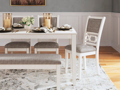 Antique White / 6-Piece Dining Set: Table + 4 Chairs + Bench, product view 4; includes 1 table, 4 chairs, 1 bench; decorative accessories and other furniture excluded - 9