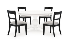 Antiqued White / Black Chairs / Table + 4 Low Ladderback Upholstered Chairs, product view 1; includes table + 4 low ladderback upholstered chairs; cabinets and accessories excluded - 12
