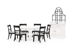 Antiqued White / Black Chairs / Table + 6 Low Ladderback Upholstered Chairs, product view 1; includes table + 6 low ladderback upholstered chairs; cabinets and accessories excluded - 13