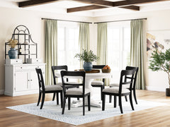 Antiqued White / Black Chairs / Table + 6 Low Ladderback Upholstered Chairs, product view 2; includes table + 6 low ladderback upholstered chairs; cabinets and accessories excluded - 14