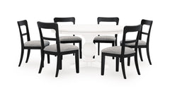 Antiqued White / Black Chairs / Table + 6 Low Ladderback Upholstered Chairs, product view 3; includes table + 6 low ladderback upholstered chairs; cabinets and accessories excluded - 15