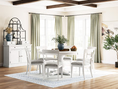 Antiqued White / Antiqued White Chairs / Table + 6 Low Ladderback Upholstered Chairs, product view 2; includes table + 6 low ladderback upholstered chairs; cabinets and accessories excluded - 25