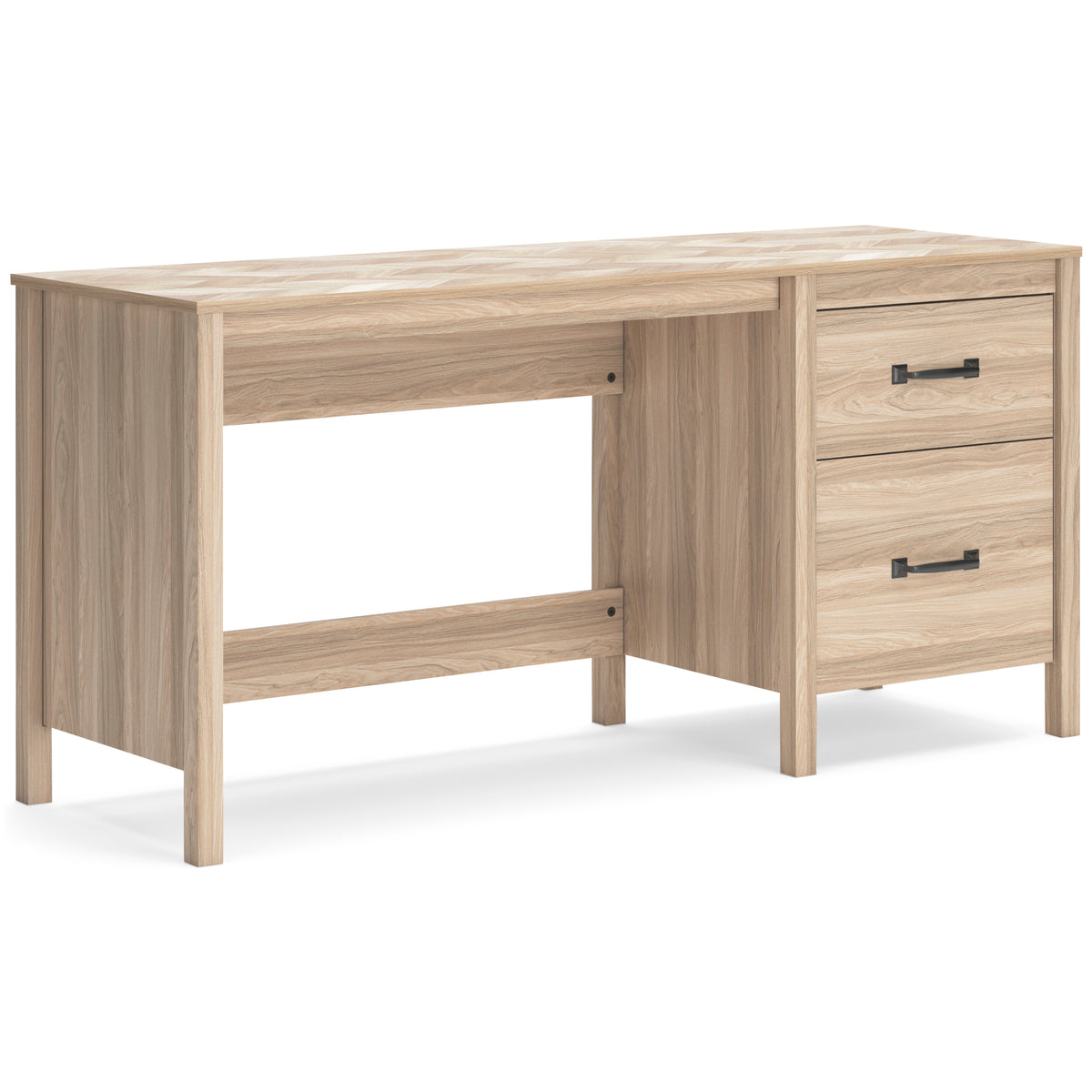 60-Inch Oak-Look Desk with Chevron Top and Cabinet, angle view