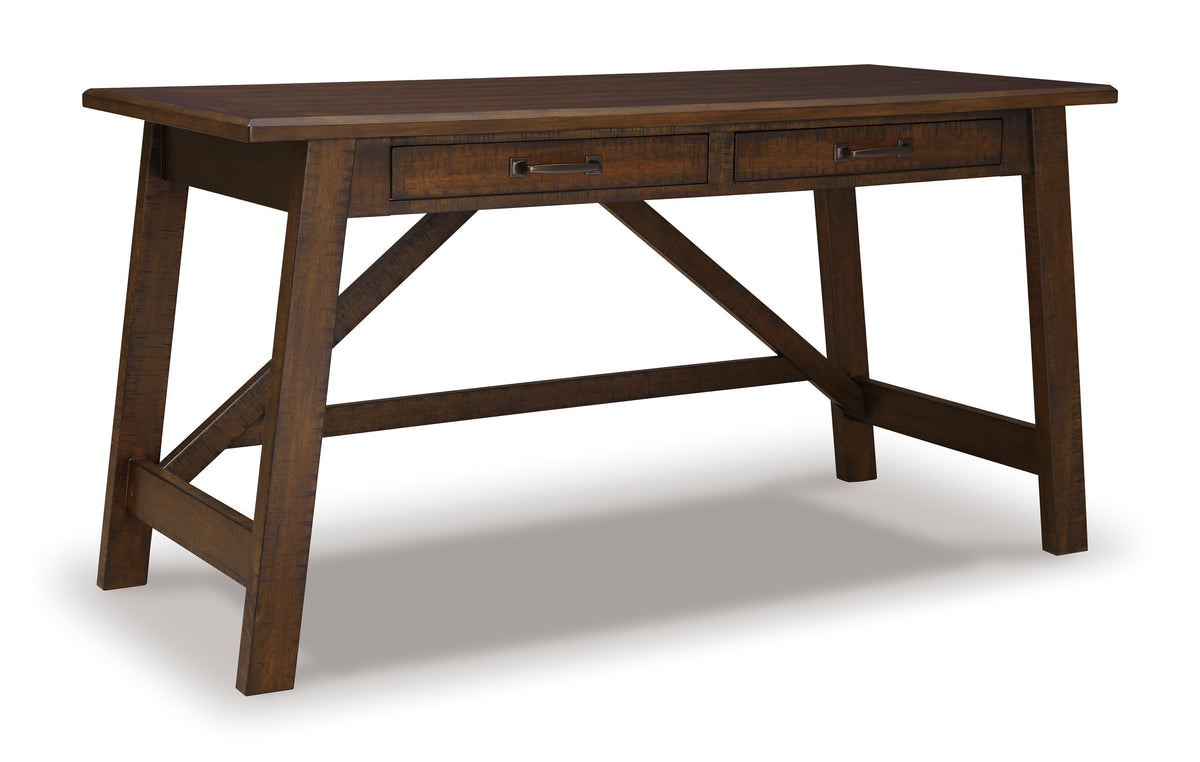 60-Inch Rustic Brown Writing Desk with Two Drawers, angled desk view