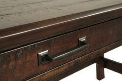 60-Inch Rustic Brown Writing Desk with Two Drawers, drawer pull and wood finish detail - 7