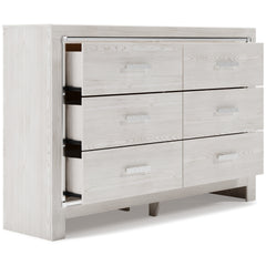 61-Inch Pearl-White Six-Drawer Dresser with Chrome-Tone Accents, drawers open - 3