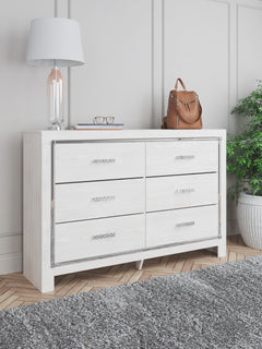 61-Inch Pearl-White Six-Drawer Dresser with Chrome-Tone Accents, styled room; mirror and accessories not included - 5