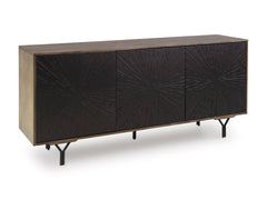 64-Inch Two-Tone Mango Wood Accent Cabinet with Carved Doors, closed angle view - 1