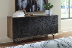 64-Inch Two-Tone Mango Wood Accent Cabinet with Carved Doors, room setting; accessories not included - 2