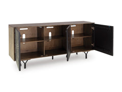 64-Inch Two-Tone Mango Wood Accent Cabinet with Carved Doors, open storage view - 3