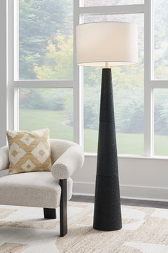 68-Inch Textured Black Floor Lamp with Drum Shade, room setting - 2