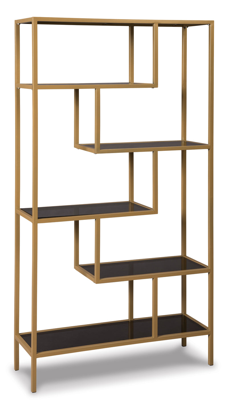 70-Inch Goldtone Metal and Gray Glass Five-Shelf Bookcase
