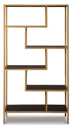 70-Inch Goldtone Metal and Gray Glass Five-Shelf Bookcase, front view - 3