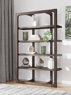 76-Inch Dark Brown Oak-Veneer Four-Shelf Bookcase, room setting; additional furniture and accessories not included - 2