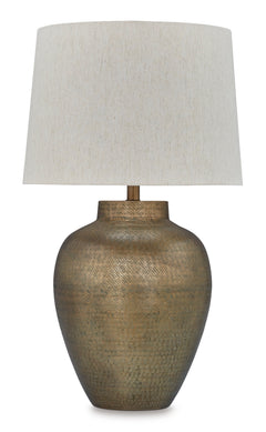 Antiqued Goldtone Aluminum Table Lamp with Fabric Shade - complete lamp and shade - 1