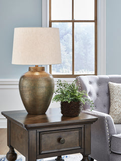 Antiqued Goldtone Aluminum Table Lamp with Fabric Shade - room setting; lamp only - 2