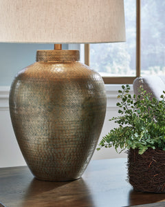 Antiqued Goldtone Aluminum Table Lamp with Fabric Shade - base detail - 3