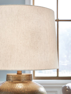 Antiqued Goldtone Aluminum Table Lamp with Fabric Shade - shade detail - 5