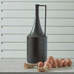 Distressed Dark Brown Metal Vase with Angular Handle - styled setting; product only - 2