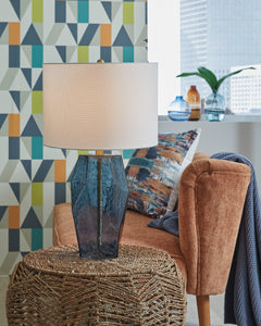 Faceted Blue Glass Table Lamp with Drum Shade - room setting; lamp only - 2