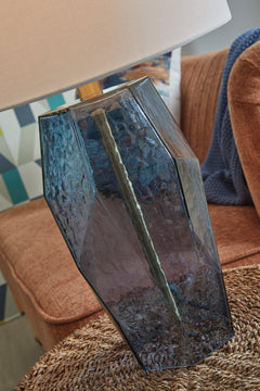 Faceted Blue Glass Table Lamp with Drum Shade - base detail - 3