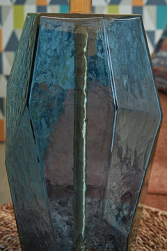 Faceted Blue Glass Table Lamp with Drum Shade - finish detail - 4
