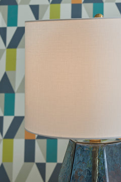 Faceted Blue Glass Table Lamp with Drum Shade - shade detail - 5