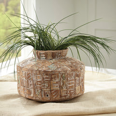 Reclaimed Wood Decorative Vase with Black Metal Detail - styled setting; product only - 2
